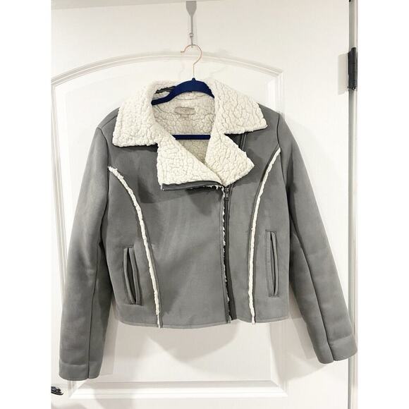 LOFT Women's Asymetrical Sherpa Gray Suede Moto Jacket Sz Small - Picture 1 of 11